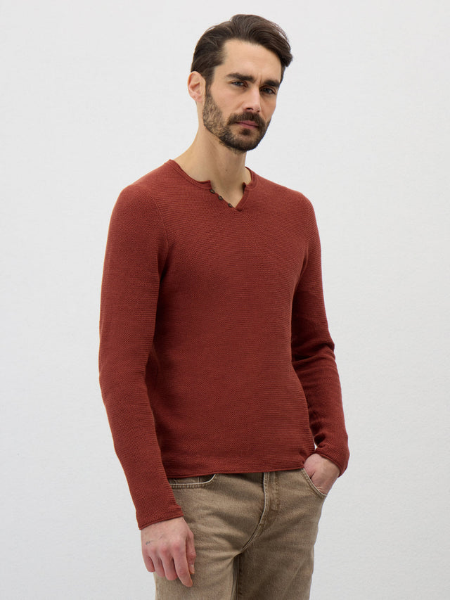 Pull col tunisien en lin et coton terracotta