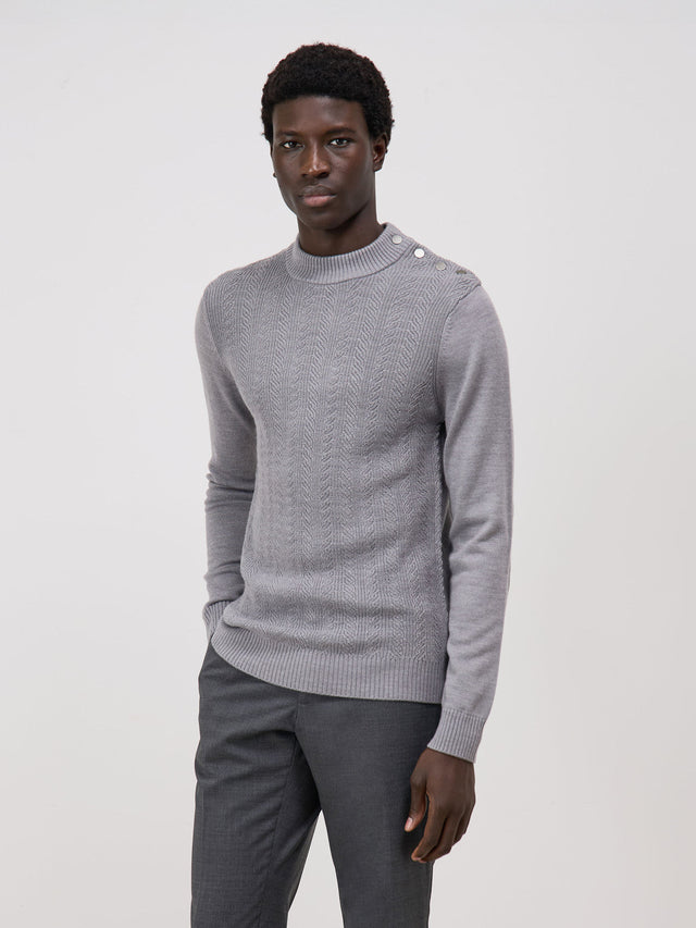 Pull col cheminée boutonné en laine Mérinos mélangée grise