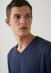 Sweater Col V En Coton M Lang Uni Bleu Indigo