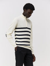 Pull col zippé en laine Mérinos mélangée blanche à rayures bleues