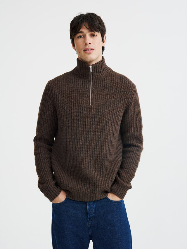 Pull col zippé en laine mélangée marron