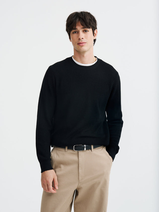 Pull col rond en laine Mérinos mélangée noire