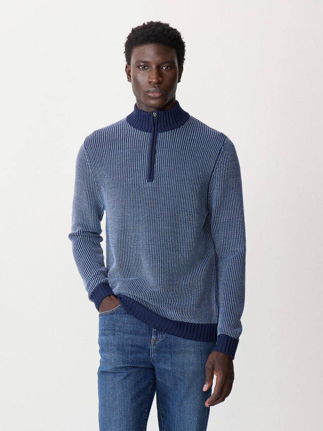 Pull col zippé en laine Mérinos mélangée bleu indigo