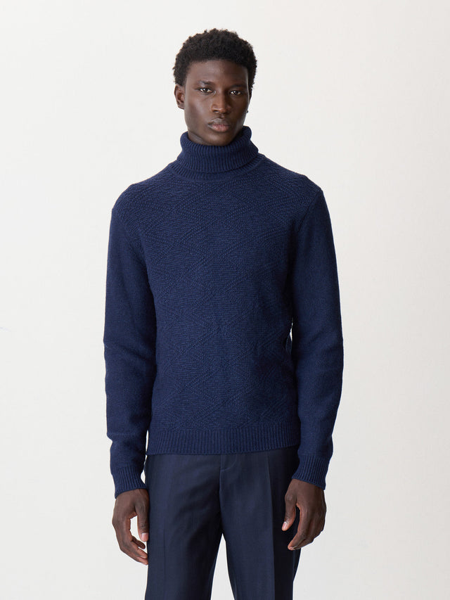 Pull col roulé en laine mélangée bleu marine