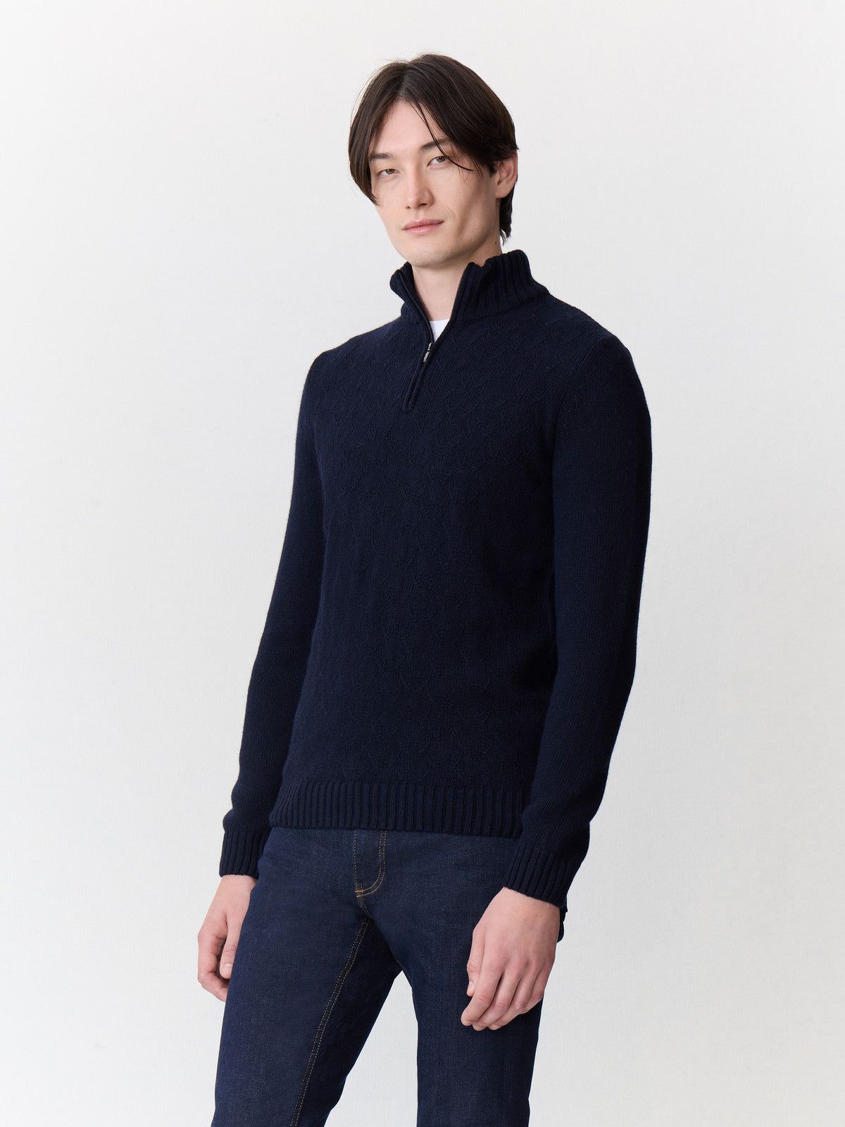 Pull Col Zipp En Laine M Lang E Bleu Marine