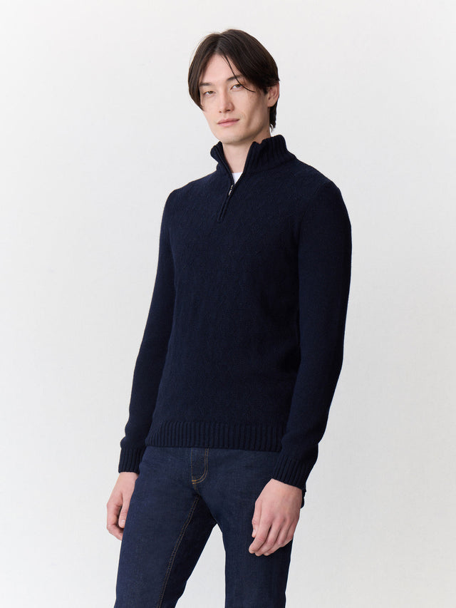 Pull col zippé en laine mélangée bleu marine