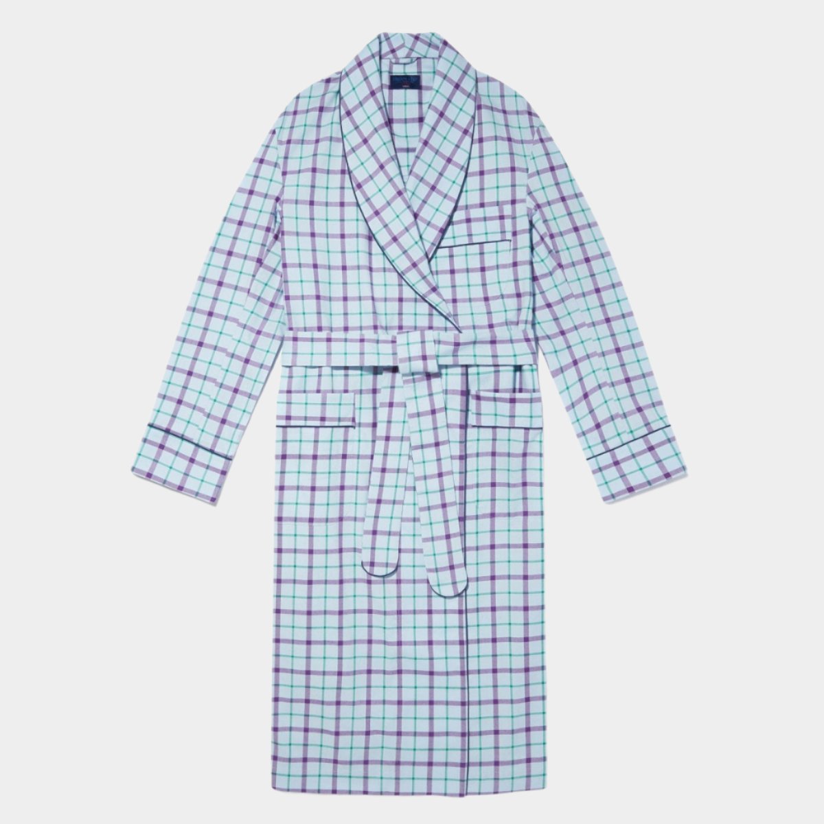 Purple Blue Check Brushed Cotton Gown With Navy Piping