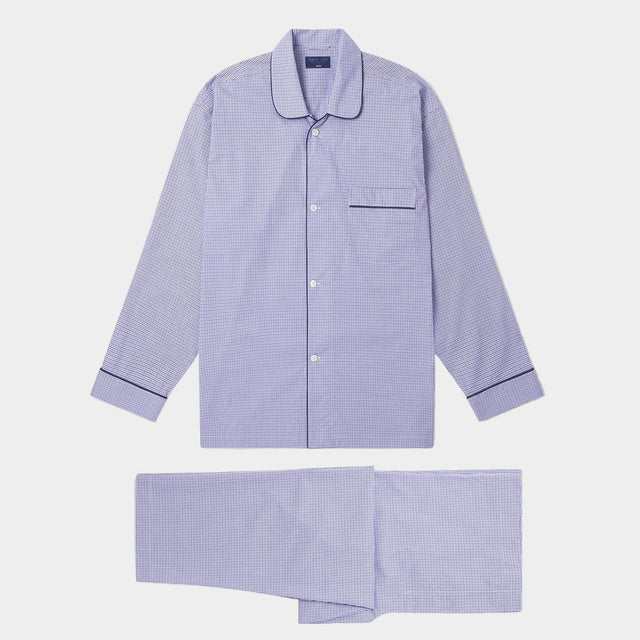 Purple & Navy Graph Overcheck Cotton Pyjamas With Navy Piping