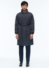 Striped serge long coat with belt