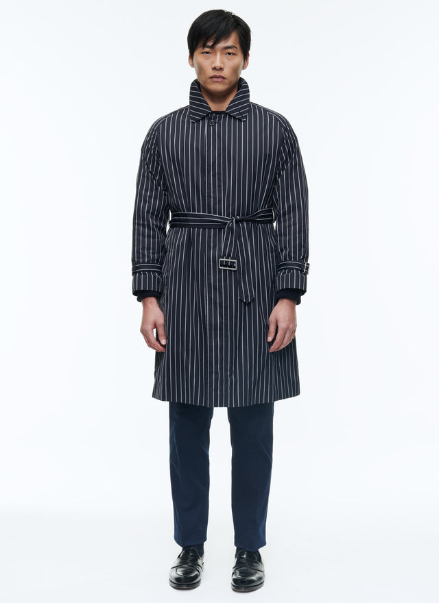 Striped serge long coat with belt