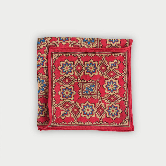 Red & Cream Large Floral Silk Blend Pocket Square