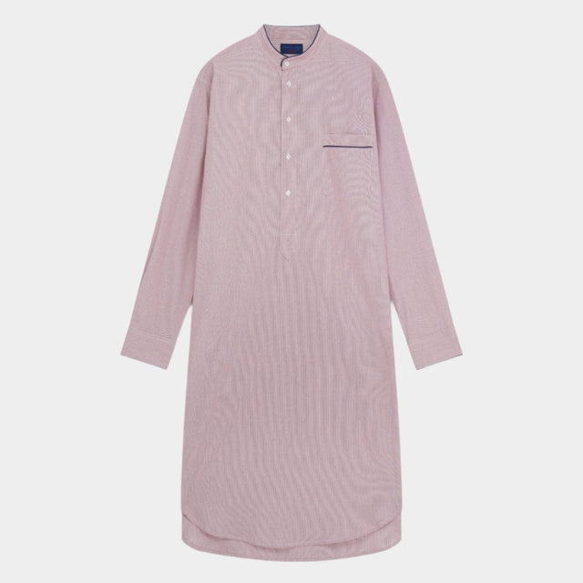 Red Fine Bengal Stripe Cotton Nightshirt With Navy Piping