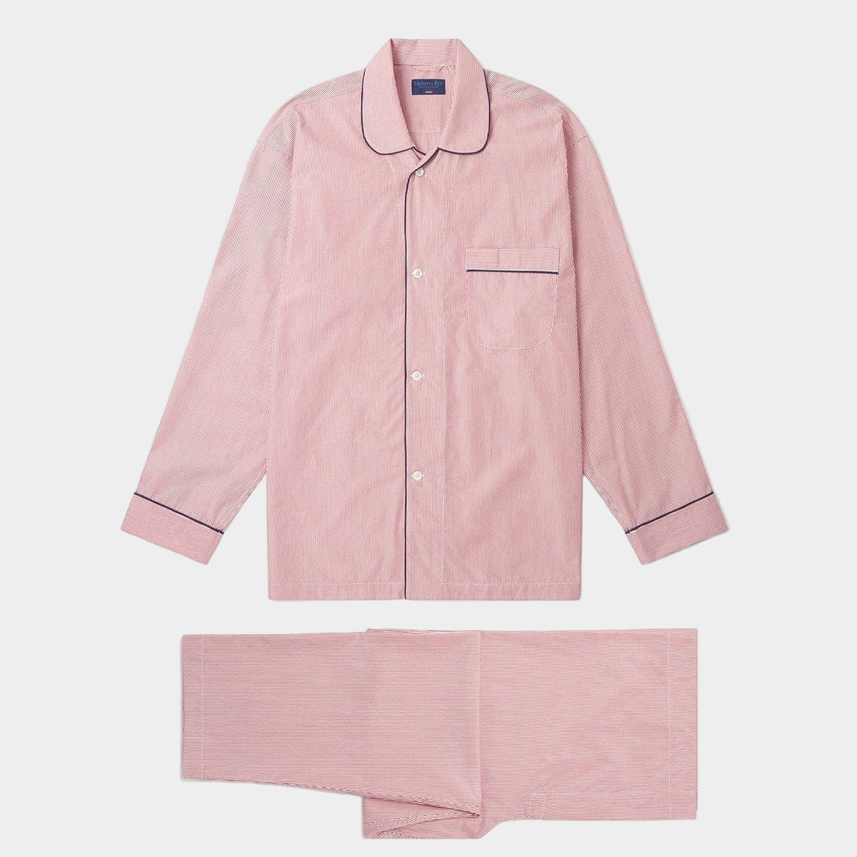 Red Fine Bengal Stripe Cotton Pyjamas With Navy Piping