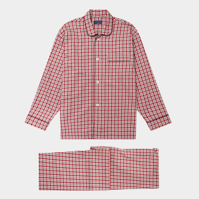 Red Grid Check Brushed Cotton Pyjamas with Navy Piping