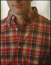 Red Navy Tan Madras Button Down Sport Shirt Classic Fit