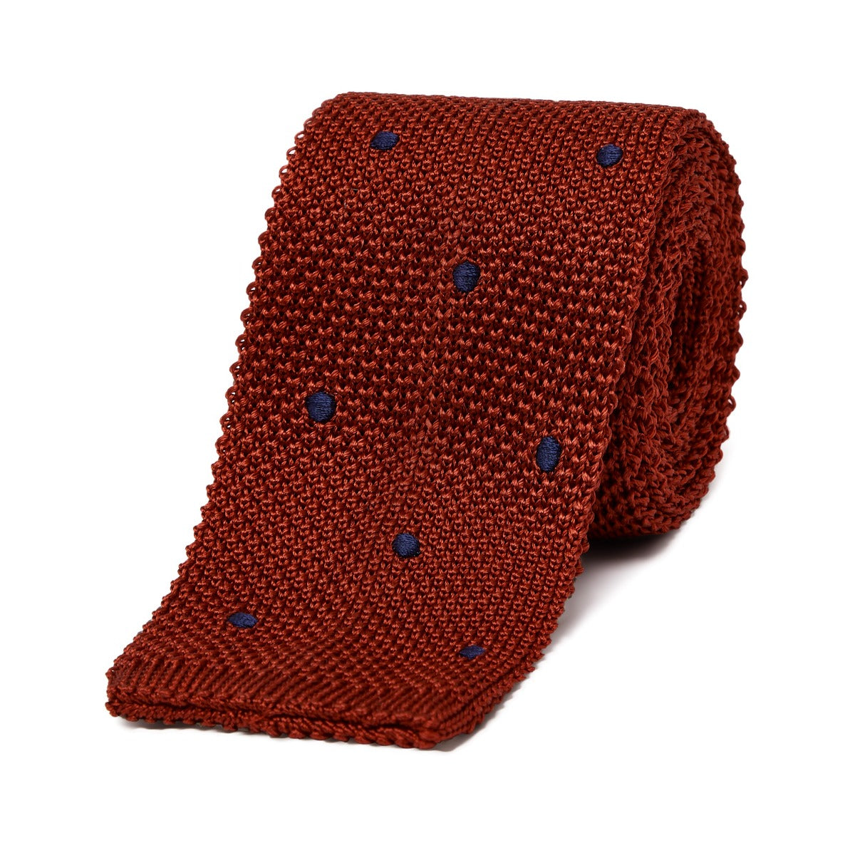 Silk Knitted Tie In Red With Navy Spot