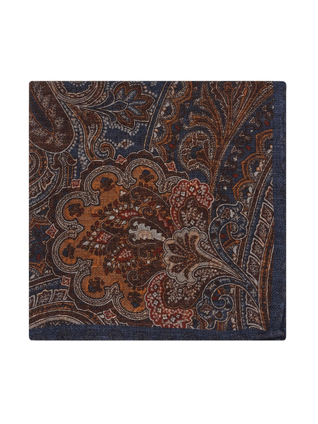 Reversible blue wool pocket square with cashmere pattern