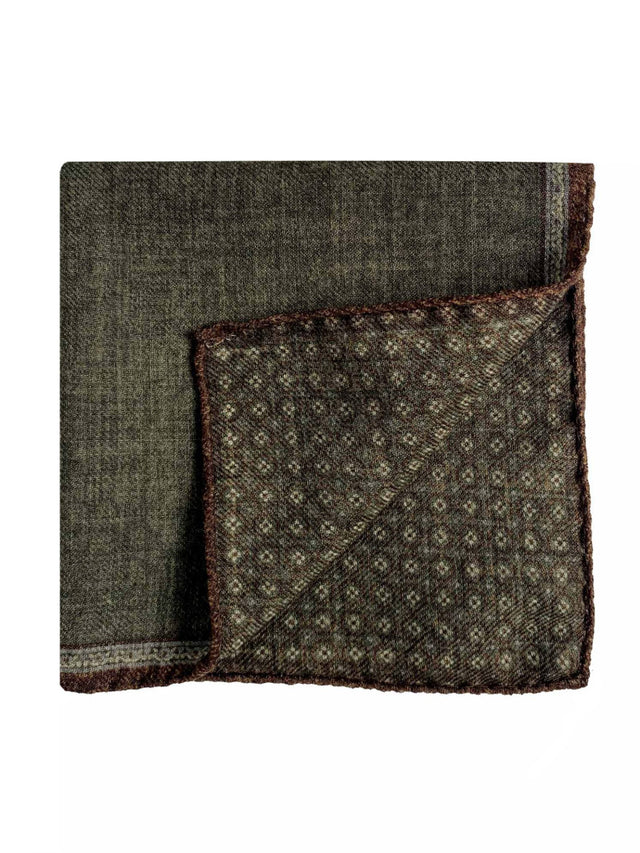 Reversible green and brown wool pocket square with pattern