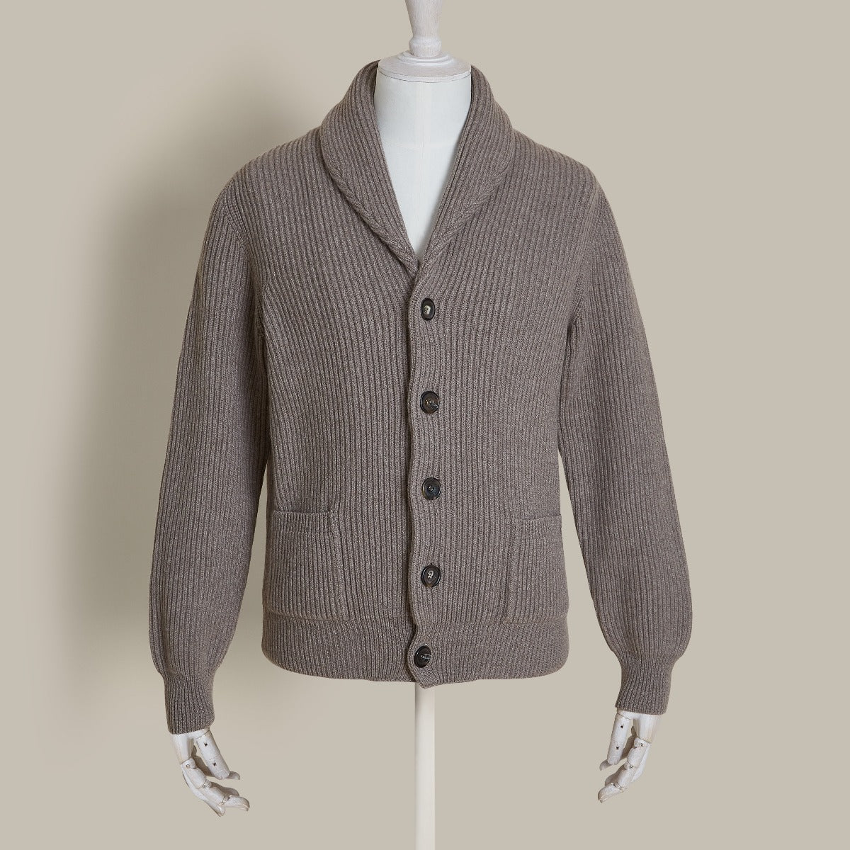 Ribbed Shawl Collar Cashmere Blend Cardigan In Dark Natural