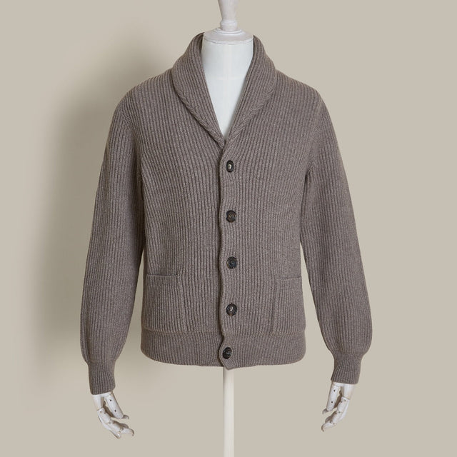 Ribbed Shawl Collar Cashmere Blend Cardigan In Dark Natural