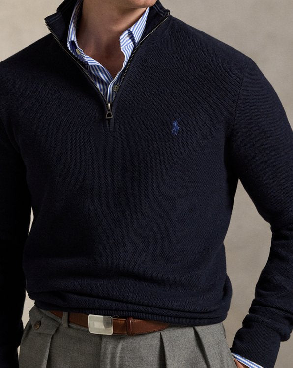 Mesh Knit Cotton Quarter Zip Sweater