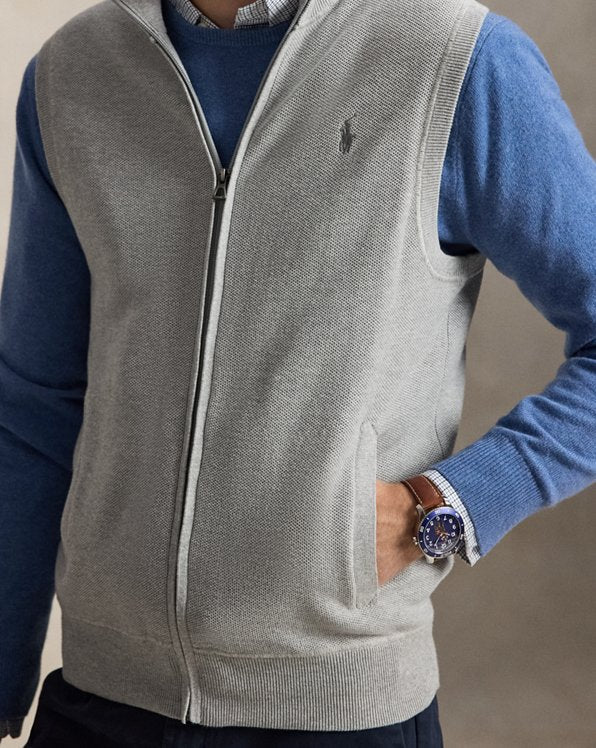 Mesh-Knit Cotton Full-Zip Sweater Vest