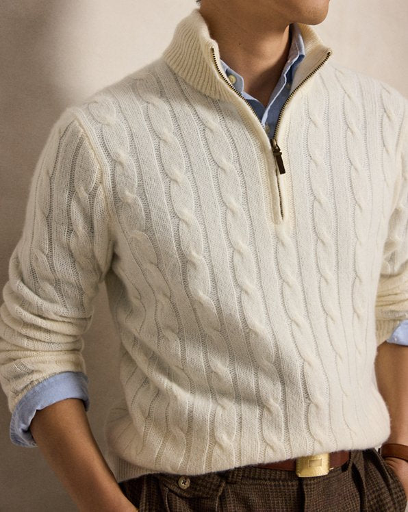 Cable Knit Cashmere Quarter Zip Sweater