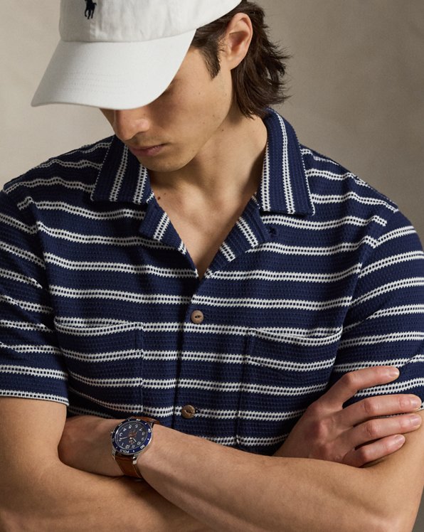 Striped Pointelle Ribbed Camp Shirt