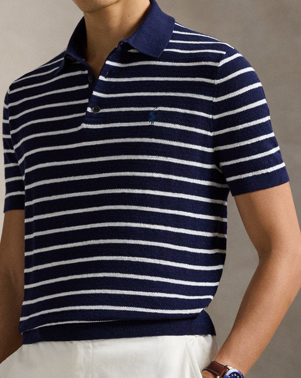 Striped Cotton-Linen Polo Sweater