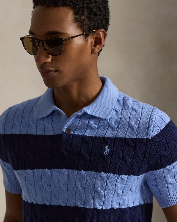 Cable-Knit Striped Polo Sweater