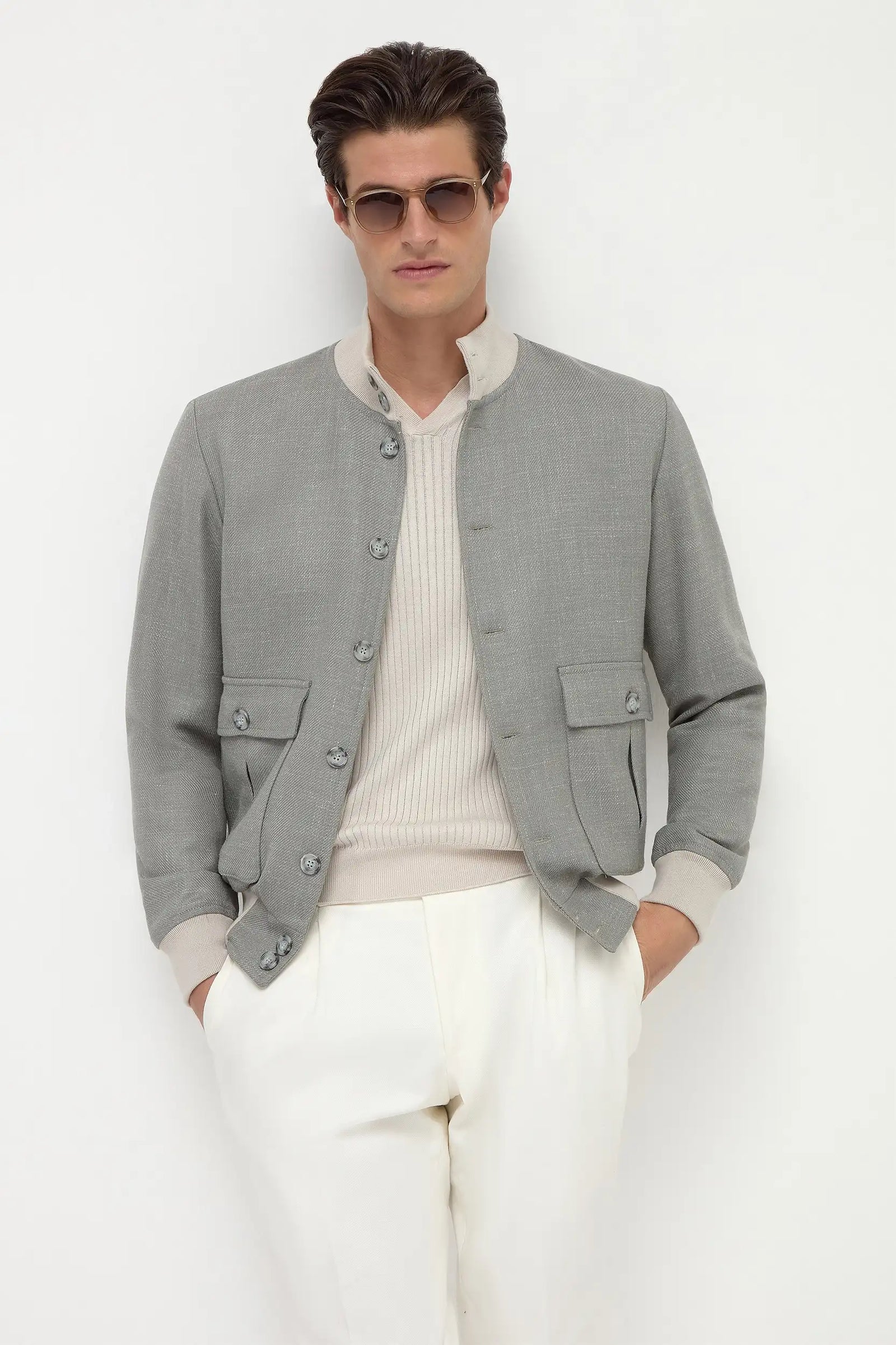 Wool Silk And Linen Bomber Made In Italy