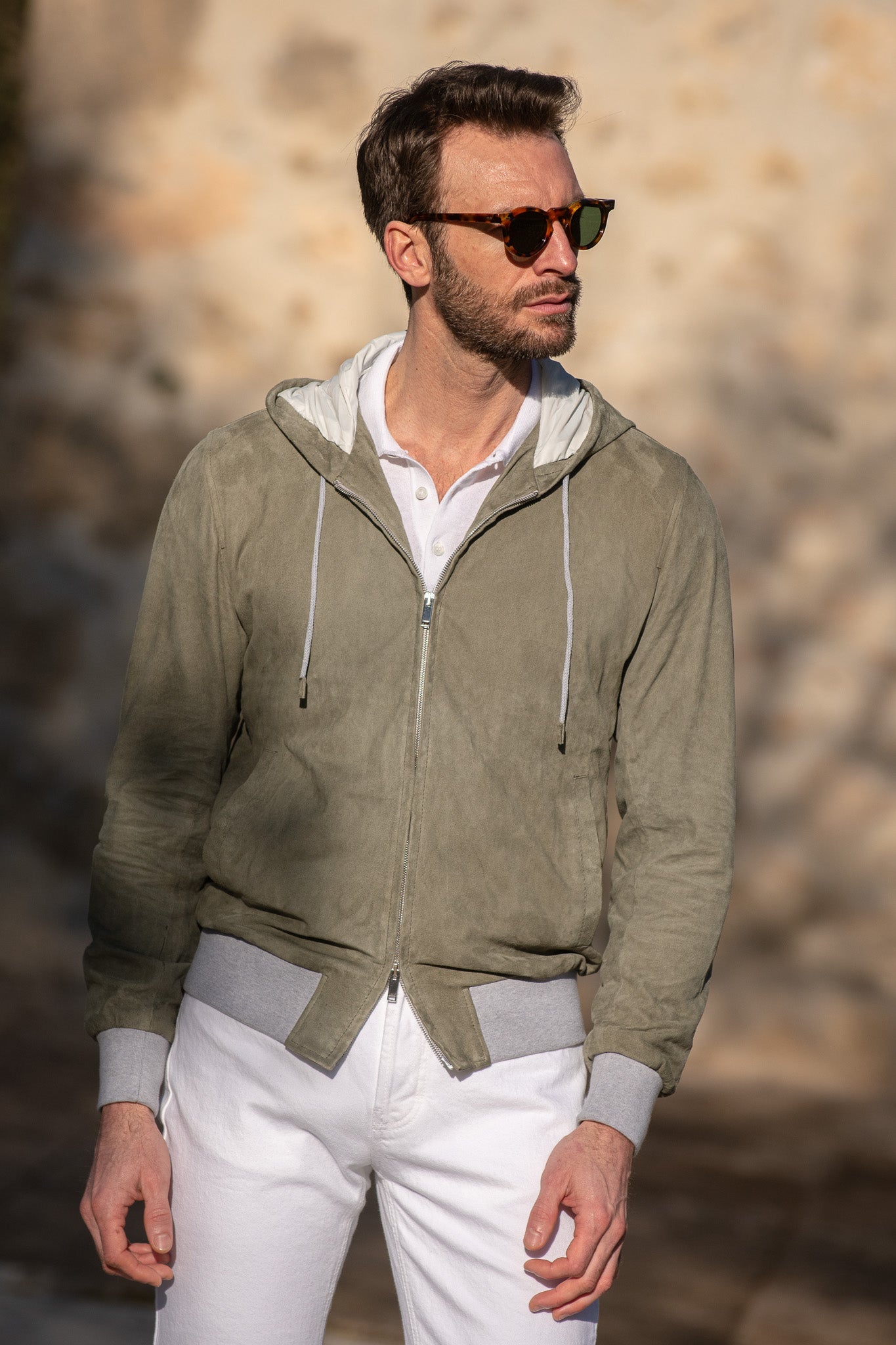 Suede Hooded Bomber Jacket Made In Italy
