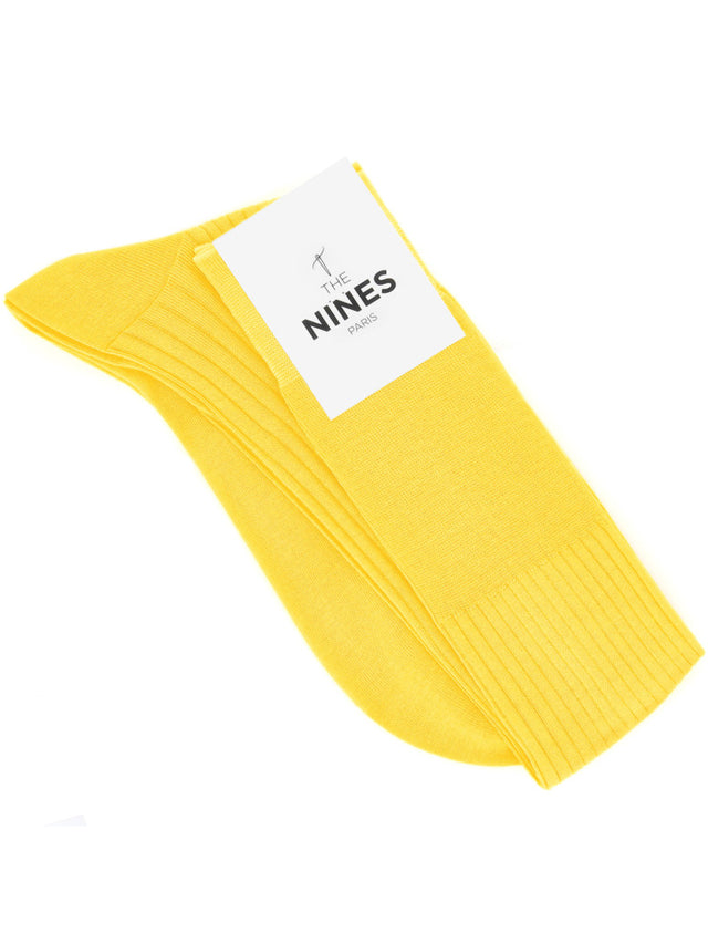 Cotton lisle knee socks, fine ribbed in canary yellow