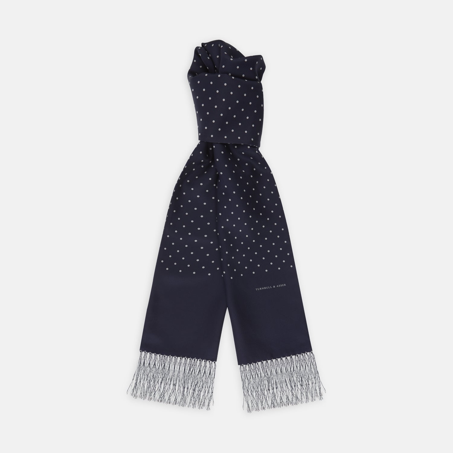 And White Spotted Silk Scarf With Fringes