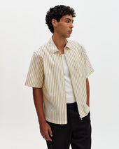 Sears Natural And Stripe Seersucker Zip Short Sleeve Shirt