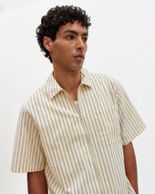 Sears Natural And Stripe Seersucker Zip Short Sleeve Shirt