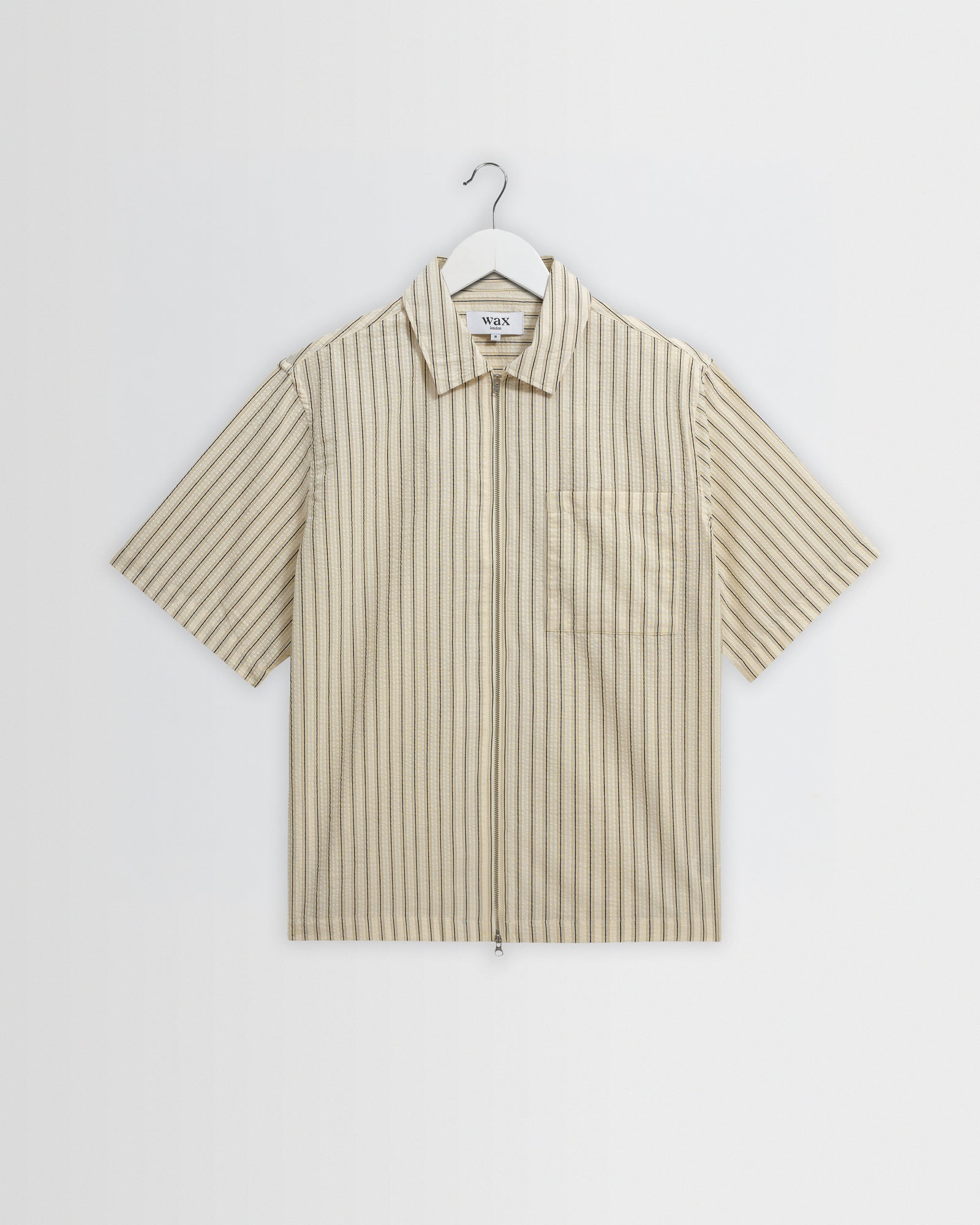 Sears Natural And Stripe Seersucker Zip Short Sleeve Shirt