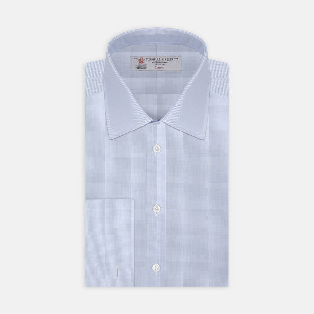 Light Blue Fine Check Shirt with T&amp;A Collar and Double Cuffs