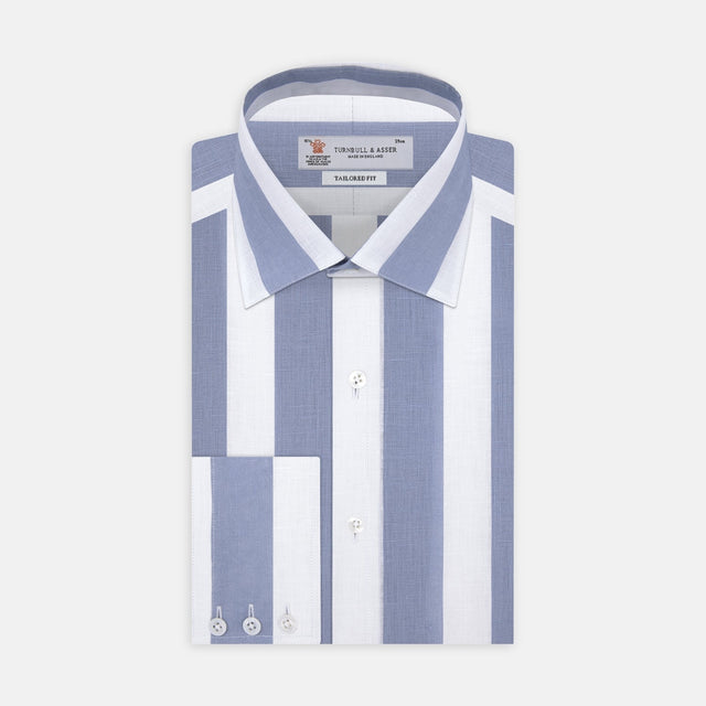 Tailored Fit Blue and White Stripe Linen Shirt with Concealed Button-Down Collar and Button Cuffs