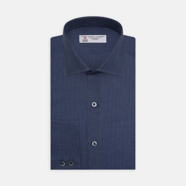 Tailored Fit Navy Check Flannel Shirt with Kent Collar and 2-Button Cuffs