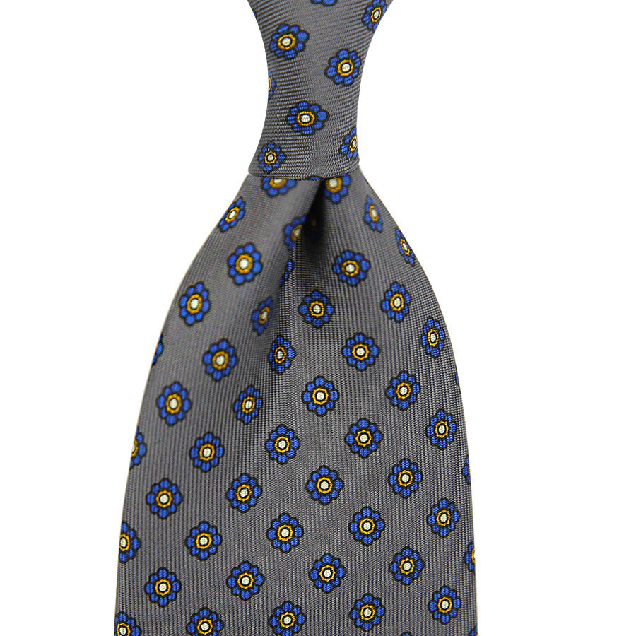 Shibumi Flower Printed Silk Tie Grey Handrolled