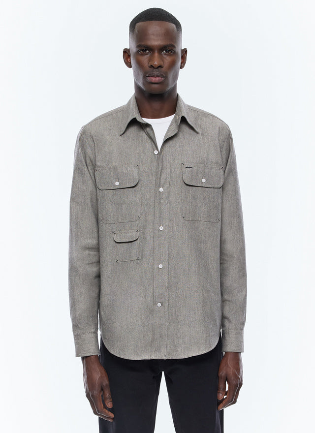 Multi-pocket flecked cotton shirt