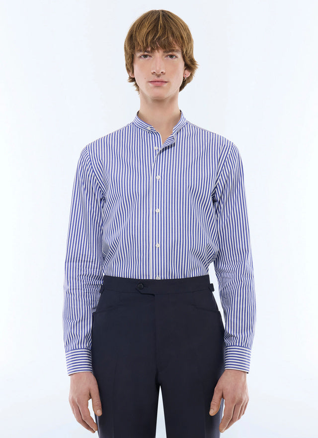 Striped Cotton Grandad Collar Shirt