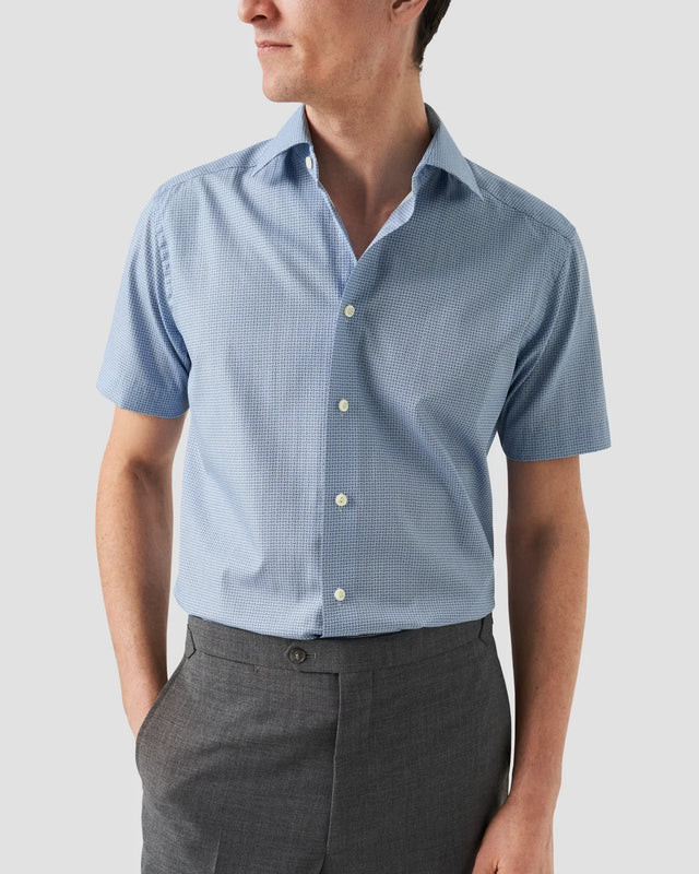Light Blue Micro Print Short Sleeve Shirt - Eton