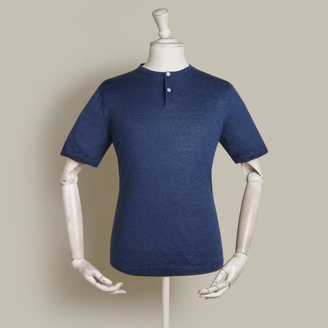 Short Sleeve Knitted Linen Henley Shirt In Navy
