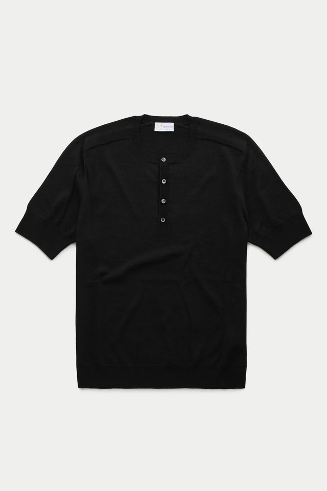 Short Sleeve Wool Knitted Henley Black