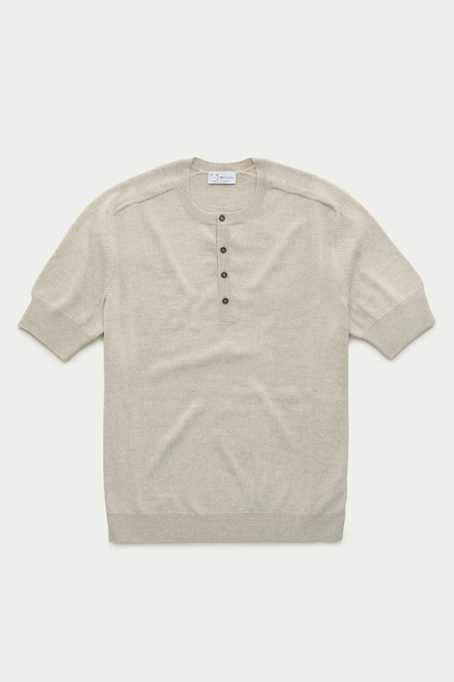 Short Sleeve Wool Knitted Henley Ecru
