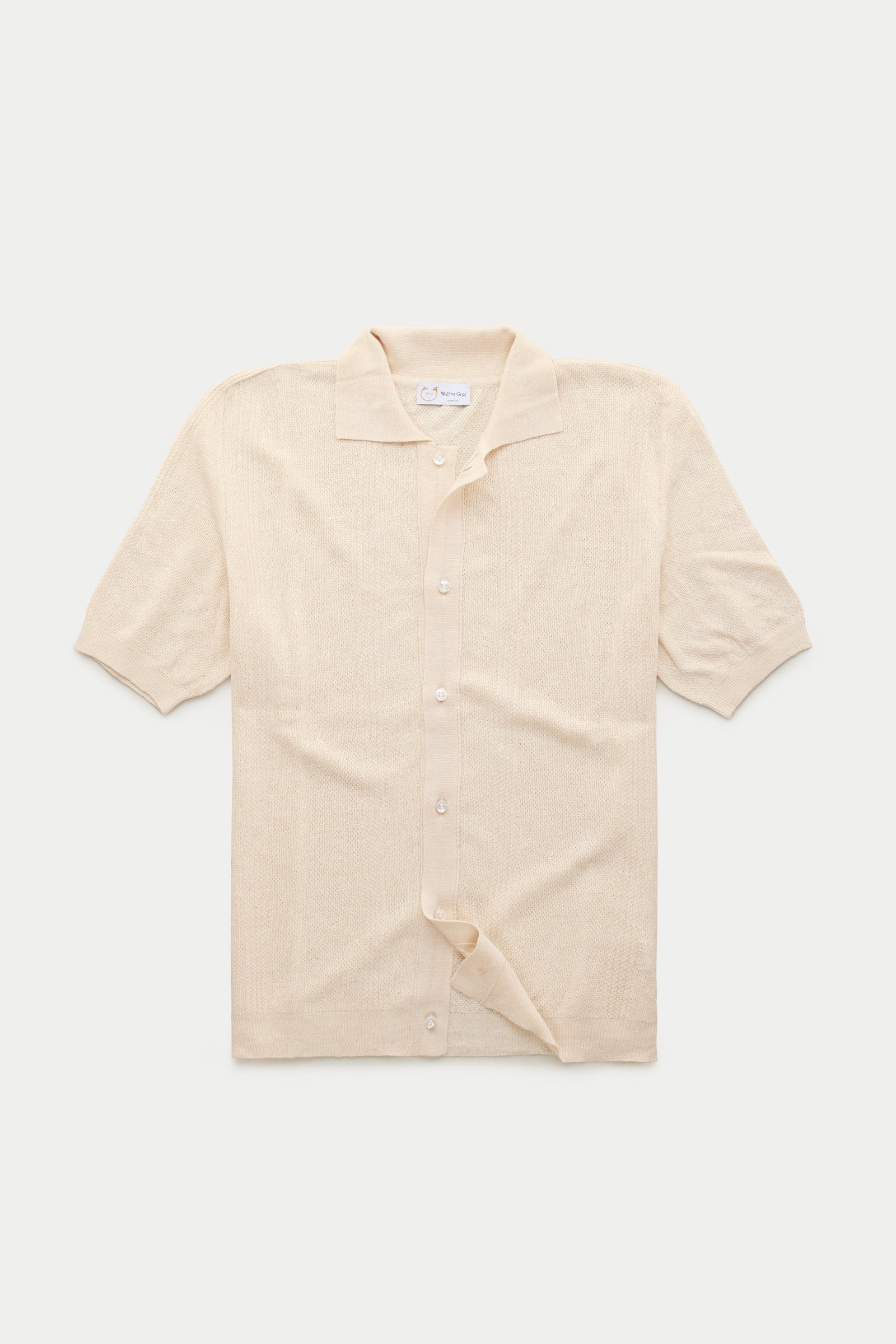 Short Sleeve Linen Cotton Knitted Shirt with Rib Details Panna
