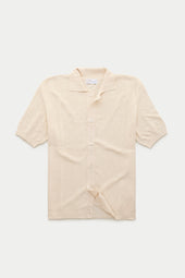 Short Sleeve Linen Cotton Knitted Shirt with Rib Details Panna