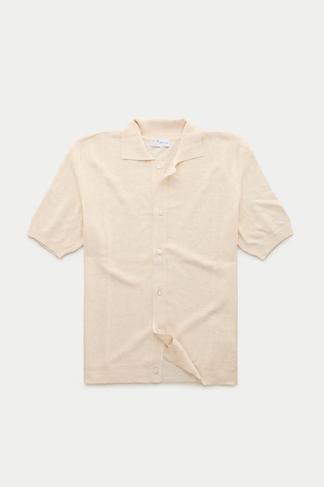 Short Sleeve Linen Cotton Knitted Shirt with Rib Details Panna